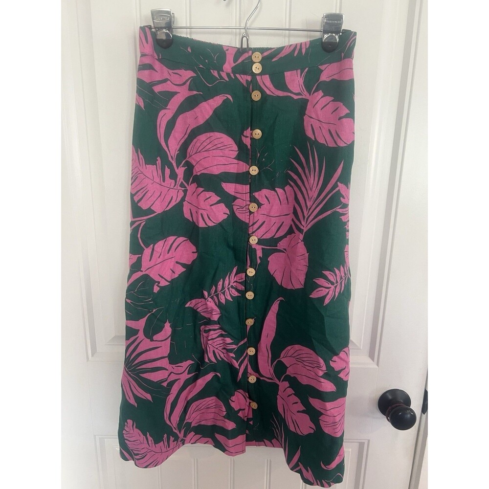 Maison d’Amelie Paris Tropical Leaf Print Linen Blend Midi Skirt Pink Green